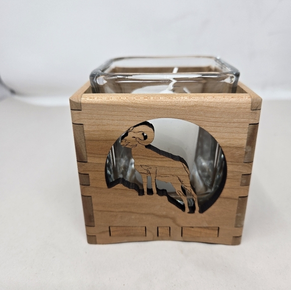 Wood You Tell Me Inc Cherry Wood Ram On Hill Cut Out Glass Insert Candle Holder - Picture 9 of 10